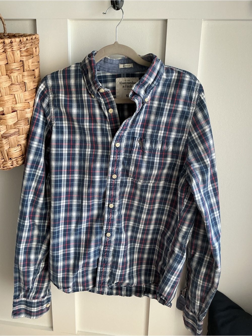 Abercrombie & Fitch Navy, White & Red Plaid Button-Down Shirt